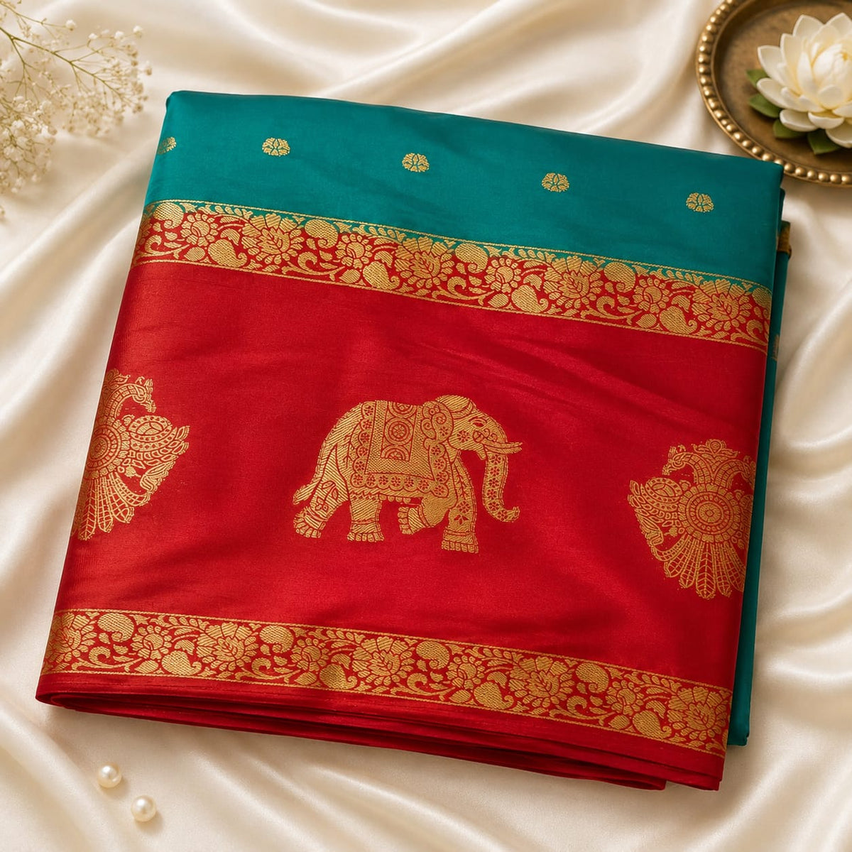 A folded organe and teal crepe saree with intricate gold zari embroidery, featuring elephant motifs and floral borders, displayed on a cream satin fabric background.