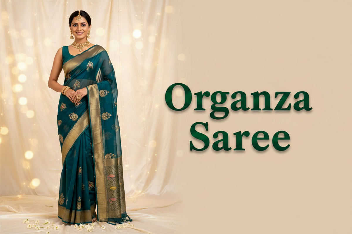 Organza Saree - Dark Green Text